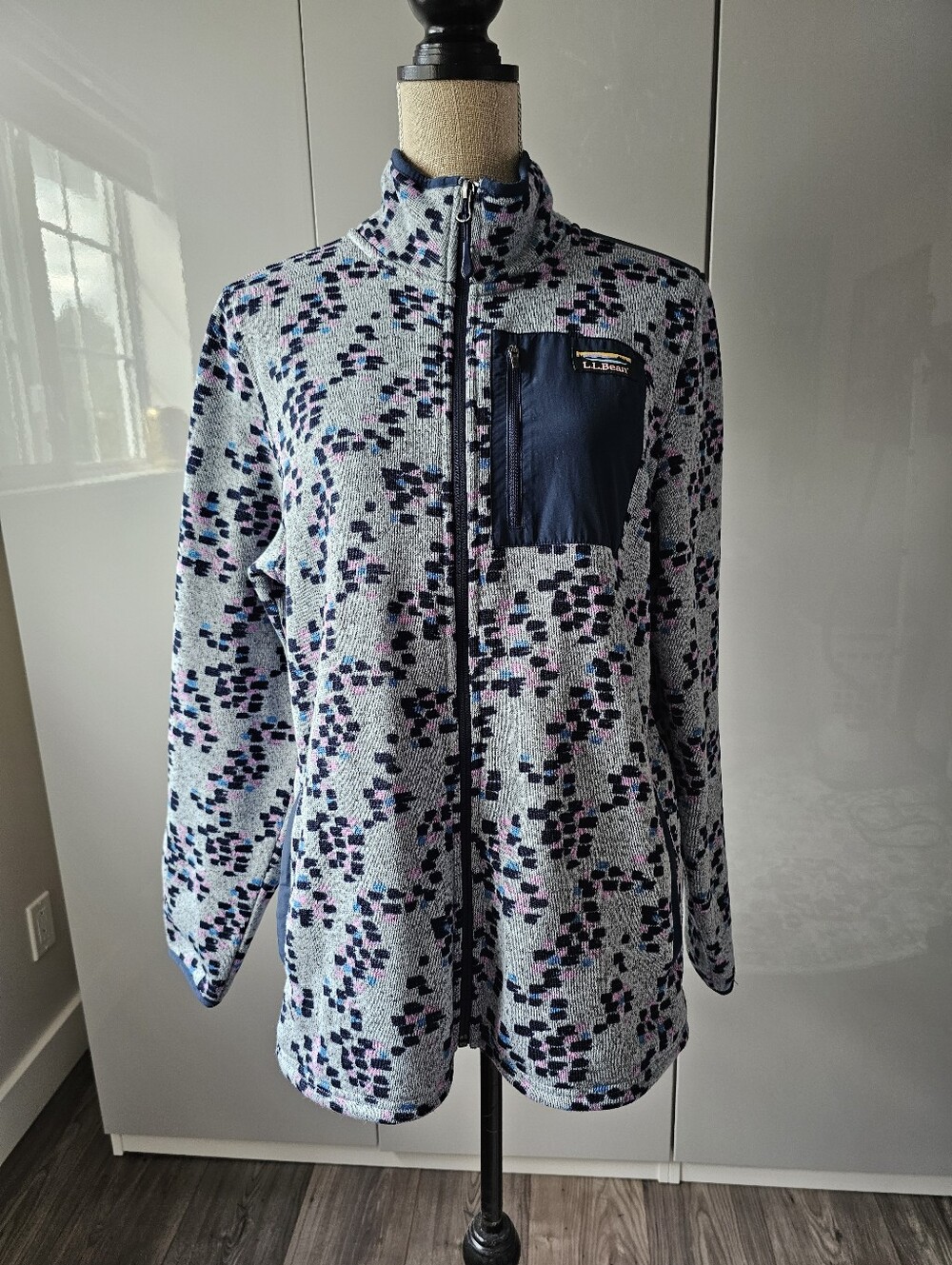 L.L. Bean Light Blue Patterned Fleece Jacket with Navy Pocket
